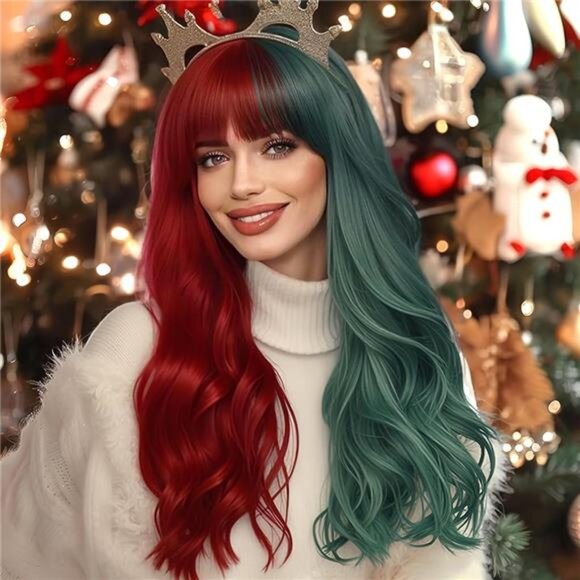 Long Wavy Half Red Half Green Wigs with Bangs for Women Natural Synthetic Hair